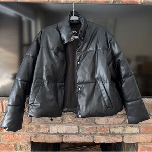 Zara Black Vegan Leather Puffer Jacket